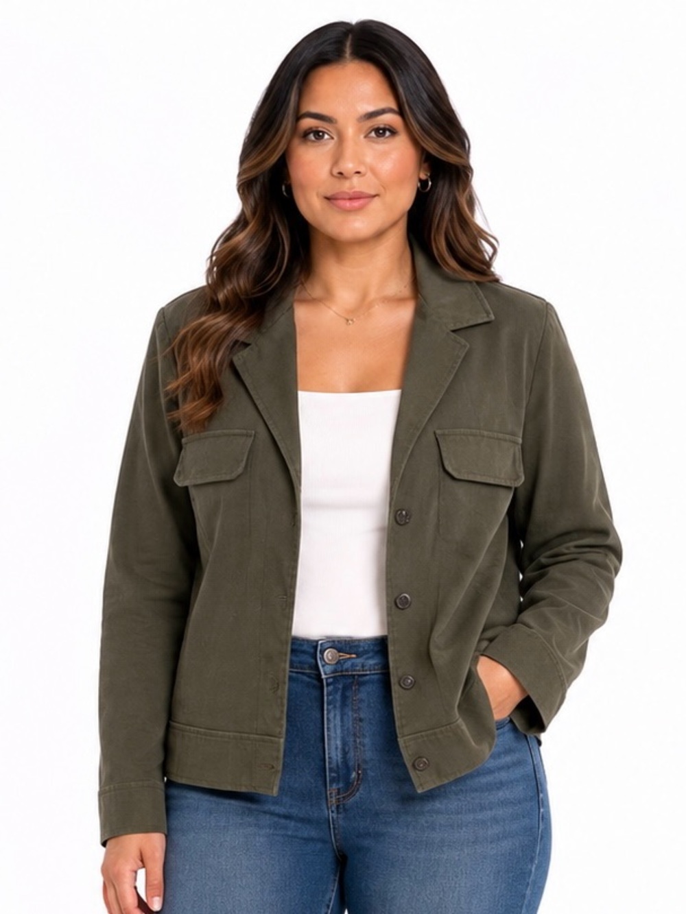 Women's Olive Utility Jacket with Button Front